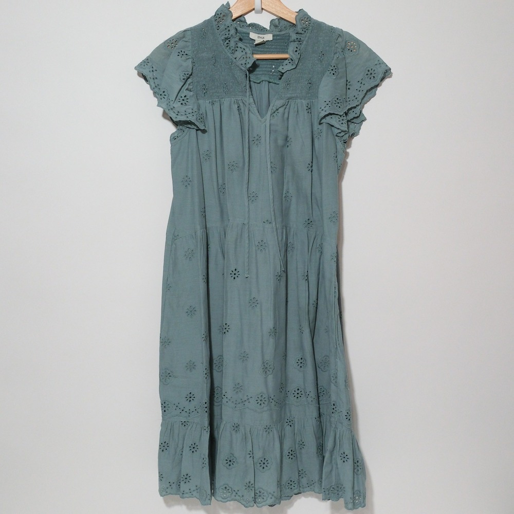 Othilia Eyelet Dress Womens Smocked Ruffle Mini XS Blue Boho Cottage